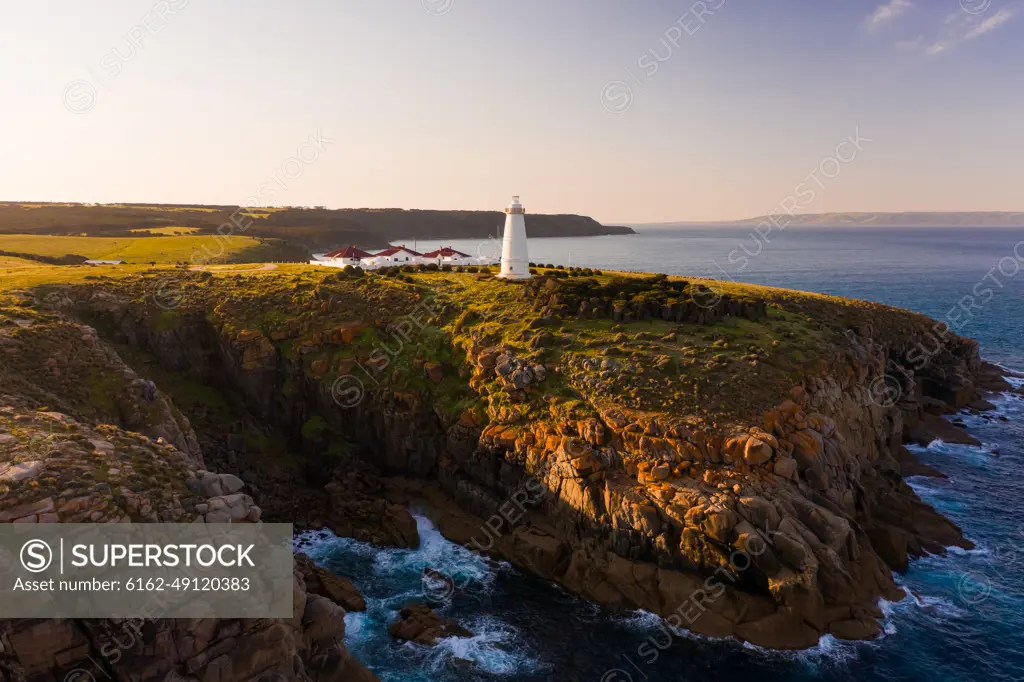 Aerial view of a lighthouse on the shore of the coast, Willoughby, South Australia, Australia