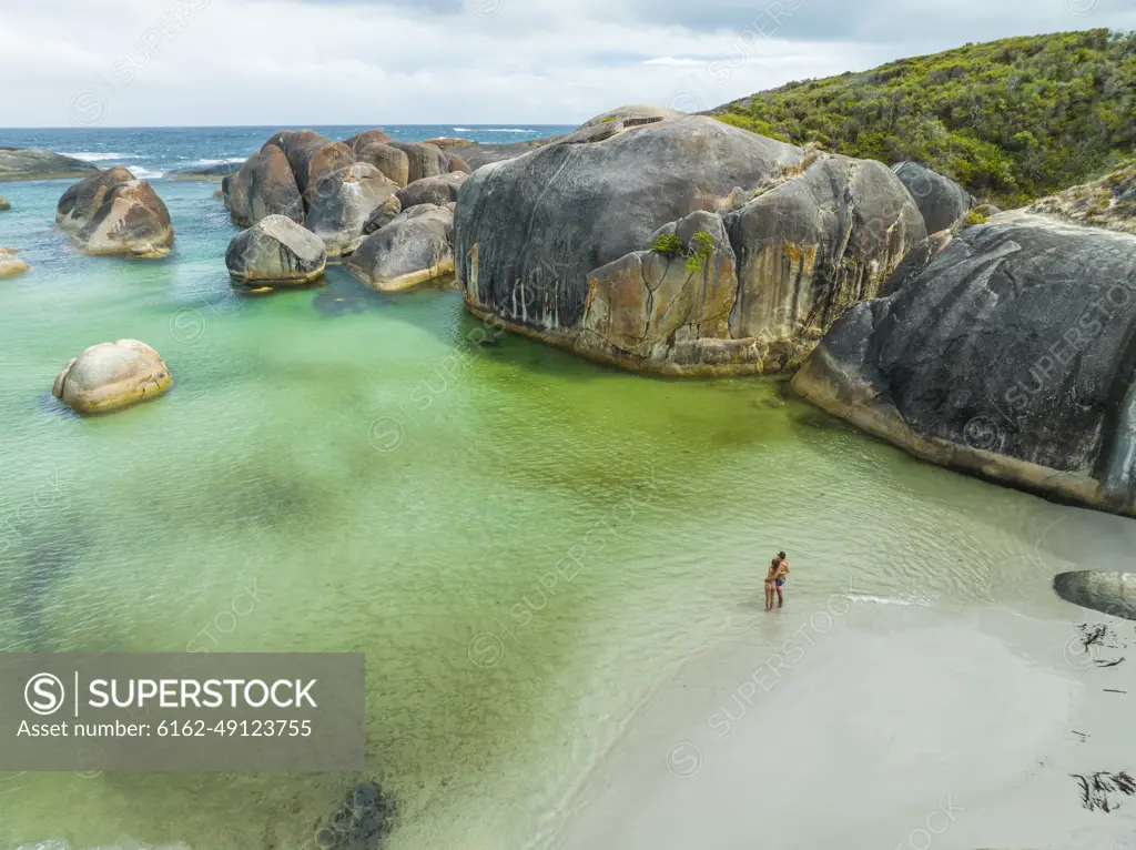 Aerial view of people on the beach at Elephant Rocks, Western Australia, Australia.
