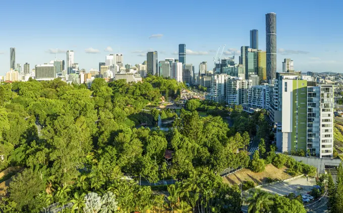 Brisbane, Australia - 26 February 2021: Panoramic aerial view of Roma Street Parklands, Brisbane, Queensland, Australia.