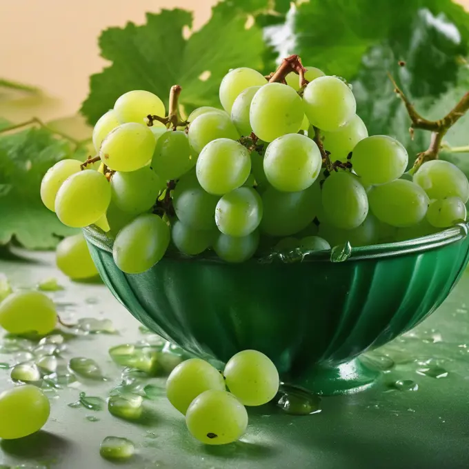 A bowl of vitality: Luscious green grapes with dew drops invite a taste of nature's sweetness.
