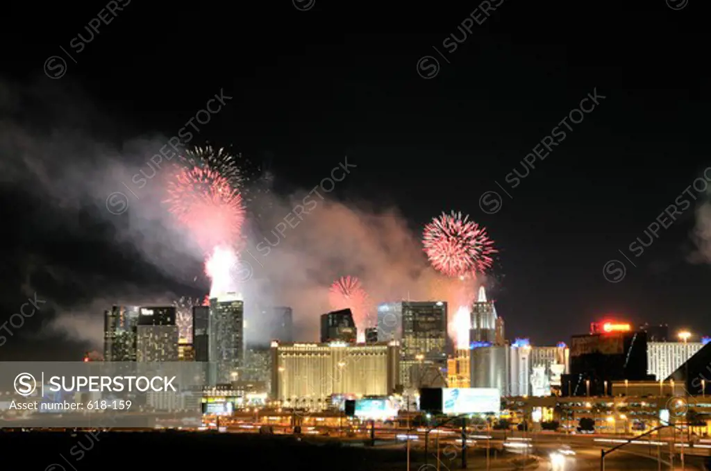 Firework display at New year's eve in a city, Las Vegas, Nevada, USA