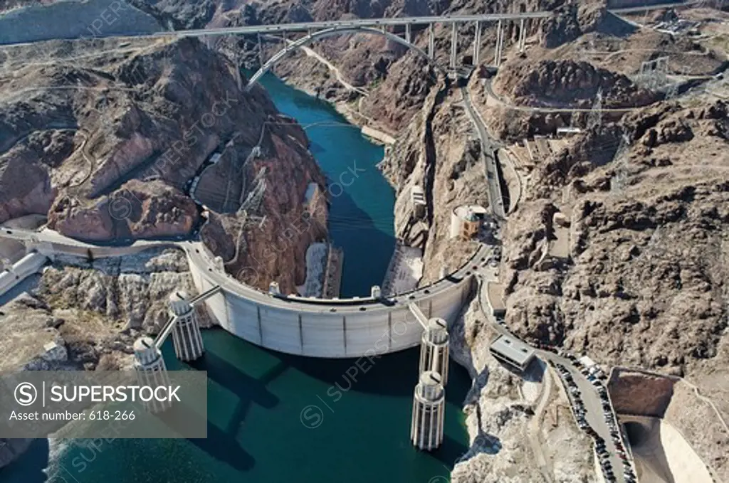 Aerial view of the Hoover dam and new US 93 bypass bridge, Arizona Nevada Border, USA