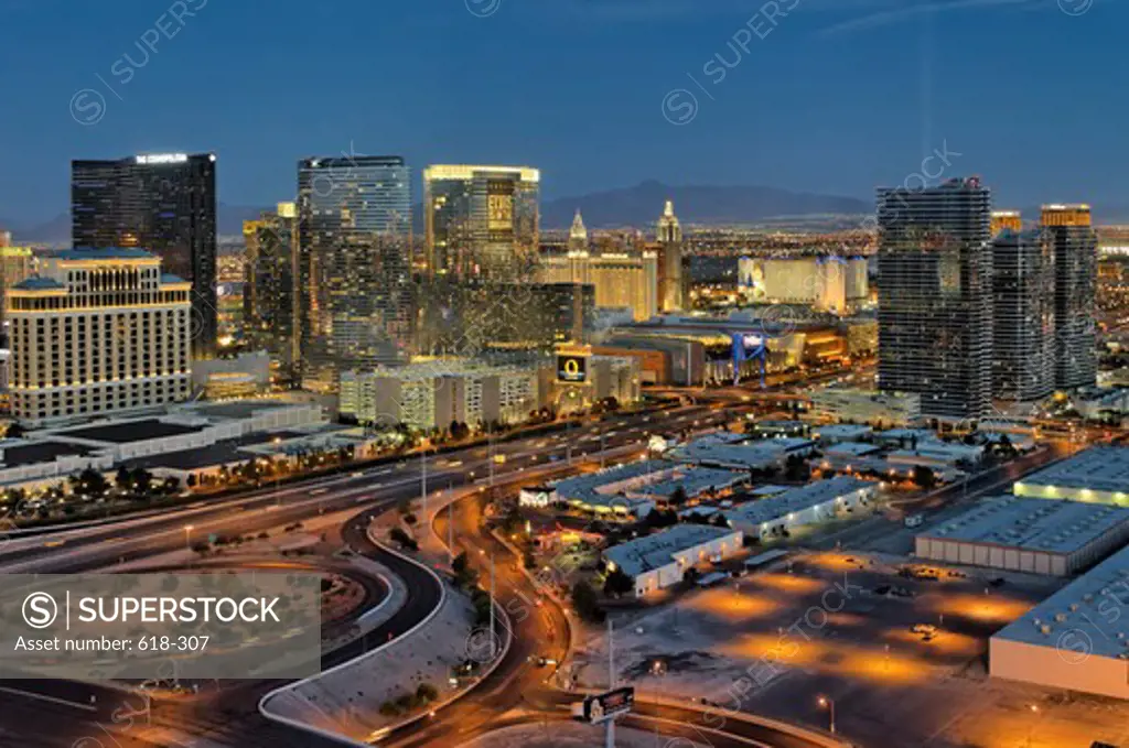 USA, Nevada, Las Vegas, Flamingo Road crossing over Interstate 15, Bellagio Resort Hotel and Casino to left and CityCenter at center of view and Panorama Towers to right