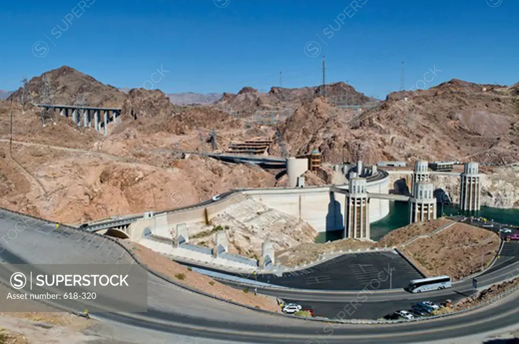 USA, Arizona, Hoover Dam hydro-electric power plant with the US 93 bypass in background to left,