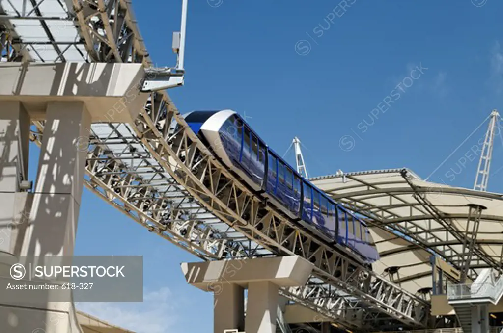 USA, Nevada, Las Vegas, Elevated track of automated people mover system at City Center near Bellagio resort endpoint