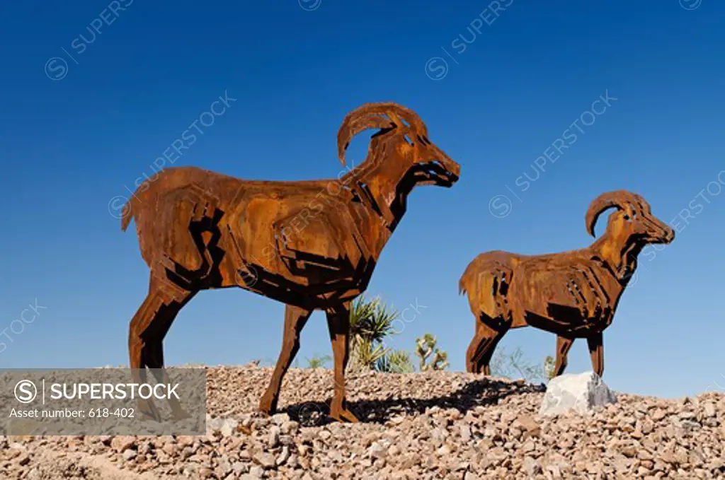 USA, Nevada, Las Vegas, Two ram sculptures at one of off ramps