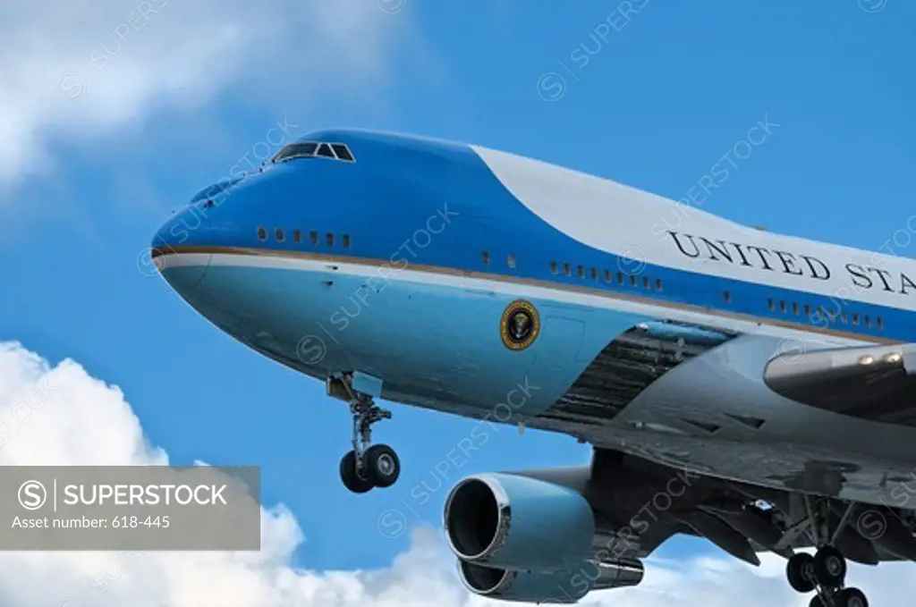 USA, California, Los Angeles, Front end of Boeing VC-25 - special version of Boeing 747-200 - known as 'Air Force One' coming in for landing carrying president Obama on visit to Los Angeles, February, 2012