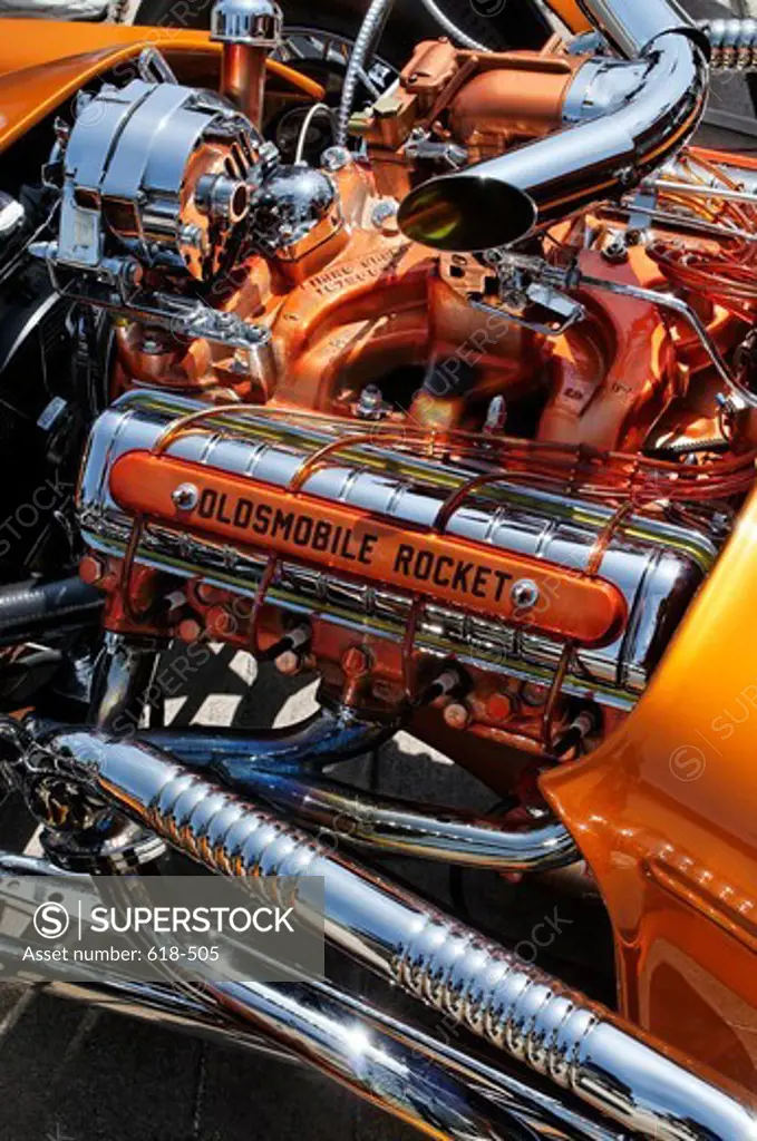 USA, California, El Segundo, El Segundo Car Show, Radically customized Oldsmobile Rocket engine block