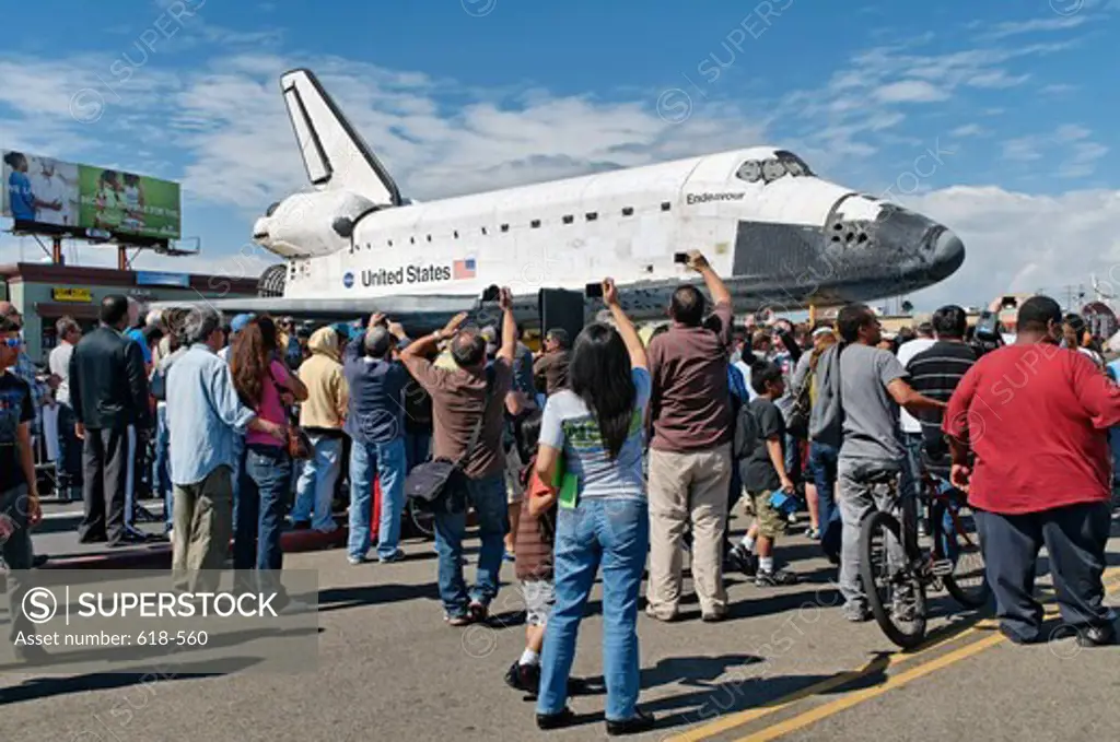 USA, California, Los Angeles, Space shuttle Endeavour being towed