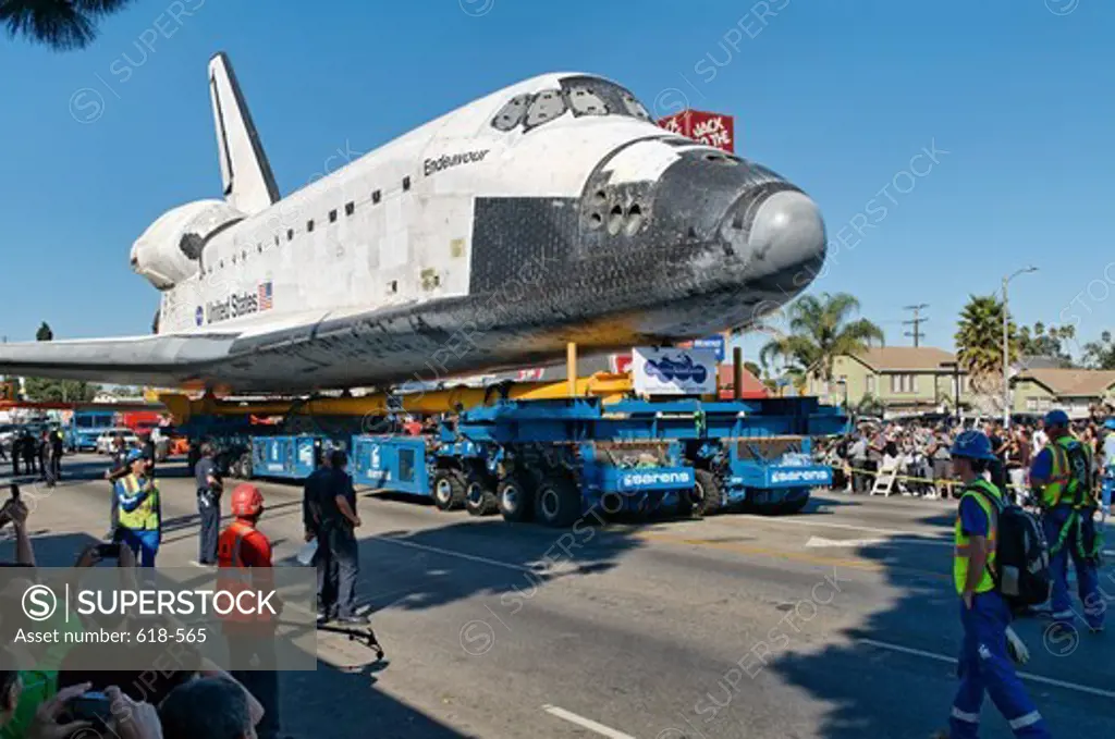 USA, California, Los Angeles, Space shuttle Endeavour being towed