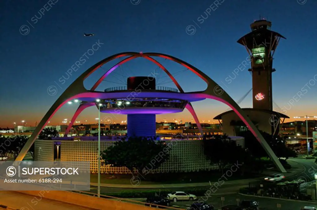 Airport lit up at dusk, Los Angeles International Airport, City of Los Angeles, Los Angeles County, California, USA
