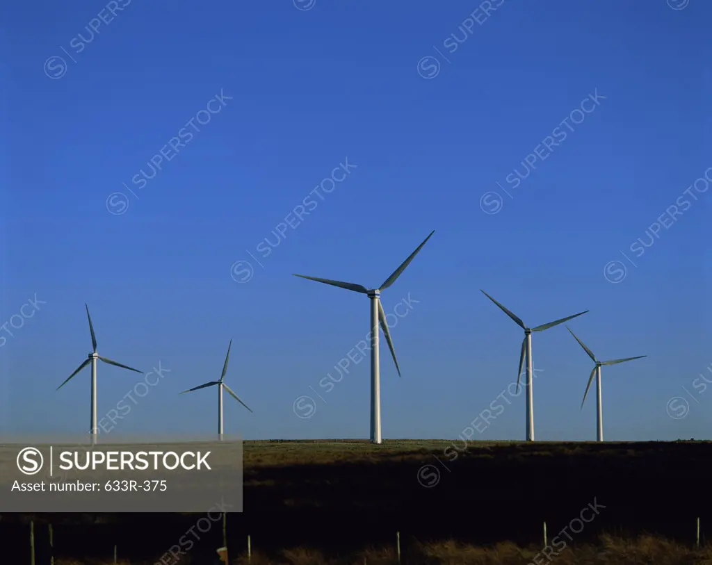 Low angle view of wind turbines, Scotland