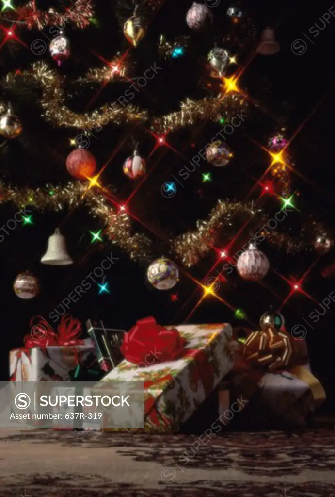 Christmas tree with ornaments and gifts