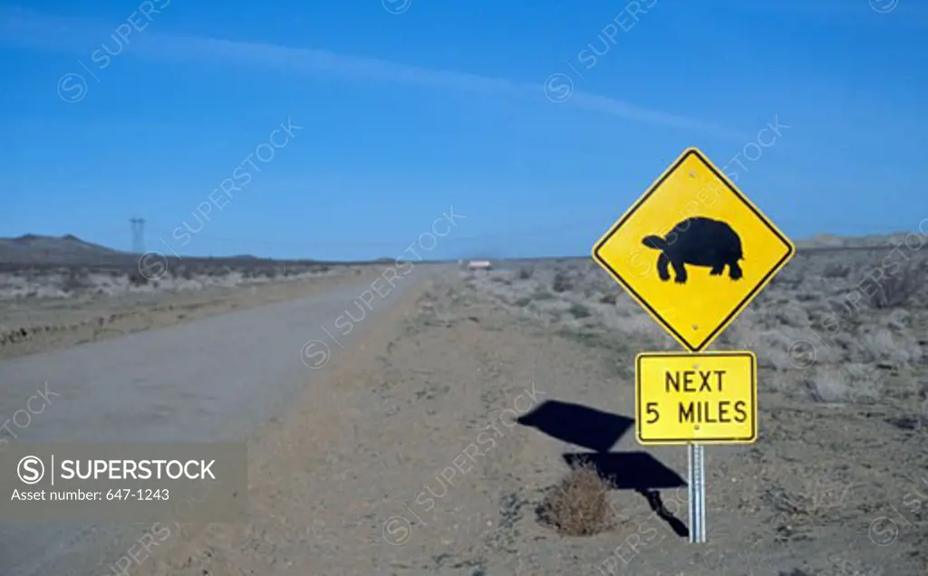 Desert tortoise Crossing road sign at the roadside, Mojave Desert, California, USA