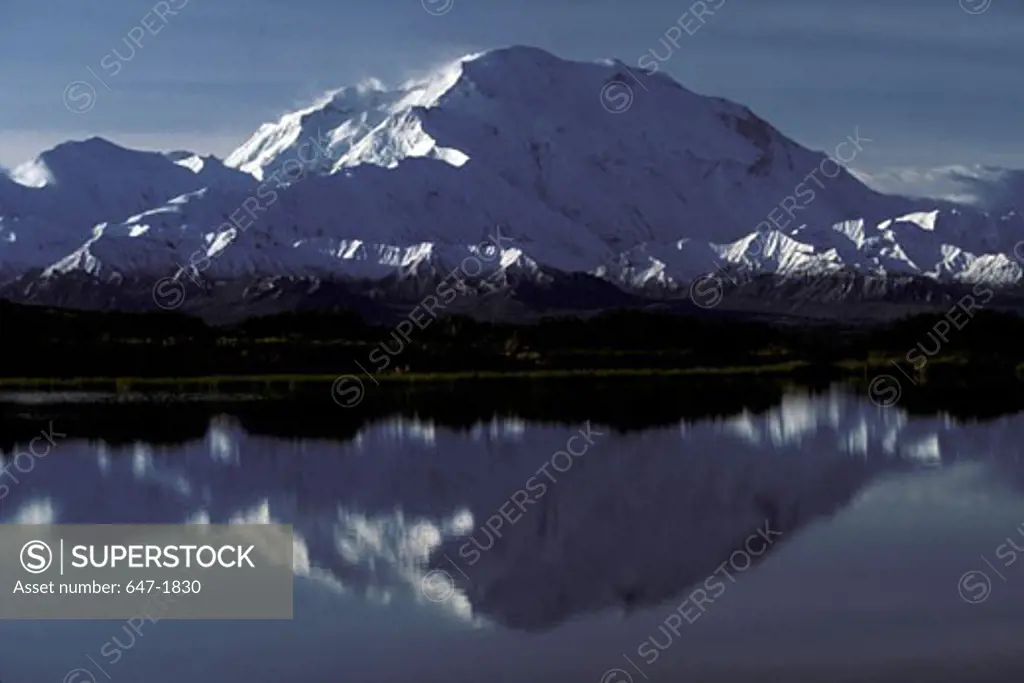 Reflection of a snow covered mountain in a pond, Mt McKinley, Denali National Park, Alaska, USA