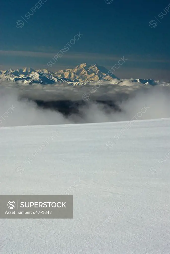 Snow covered landscape with mountains in the background, Mt McKinley, Denali National Park, Alaska, USA