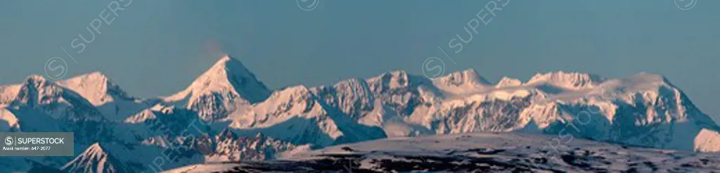Snowcapped mountain range, Alaska Range, Denali Highway, Alaska, USA