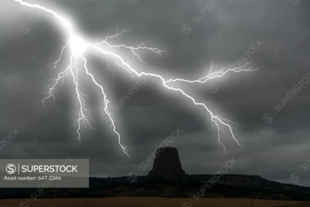 USA, Wyoming, Devil's Tower National Monument, Storm with Lightning