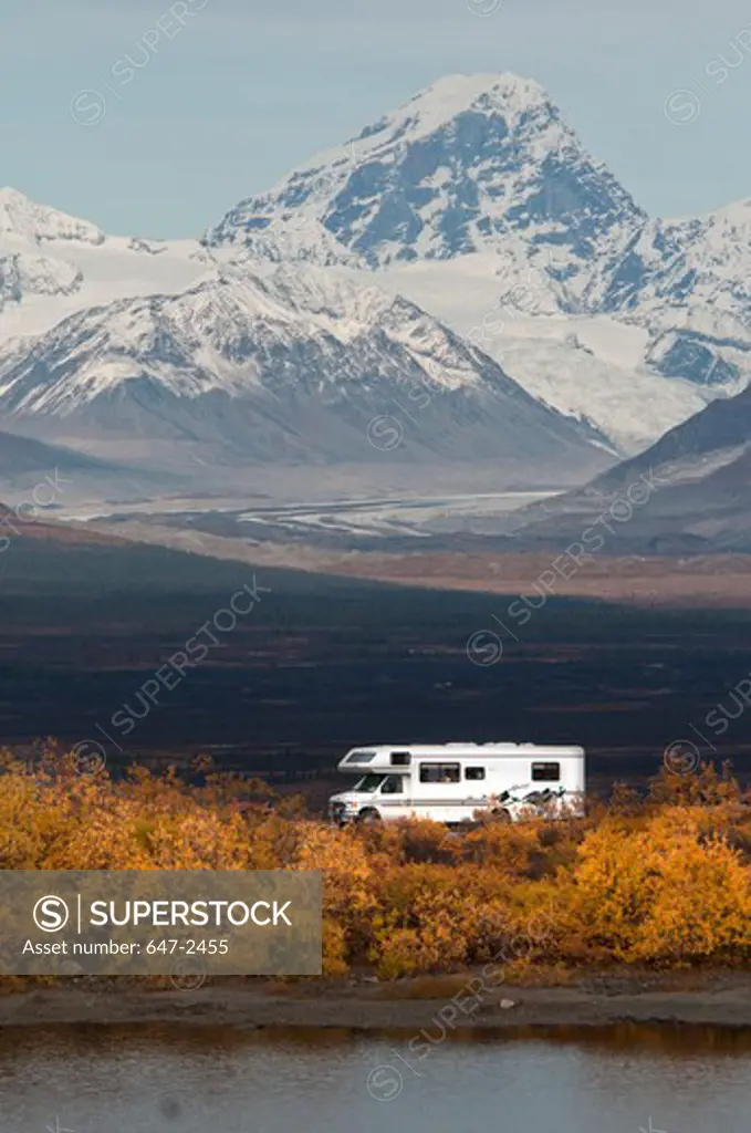 RV with Mt. Deborah of Alaska range in background. September and fall colors.