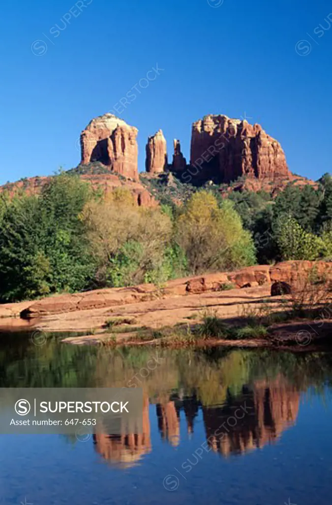 Reflection of cliffs in water, Cathedral Rocks, Arizona, USA