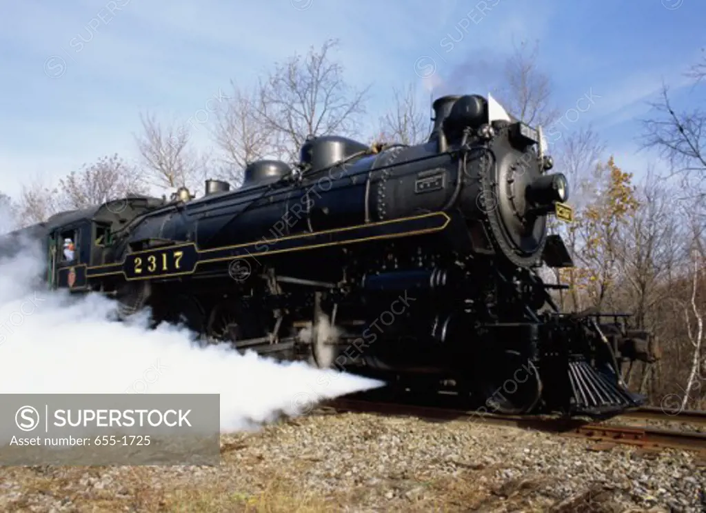 Steam train moving on railroad tracks, Tobyhanna, Pennsylvania, USA