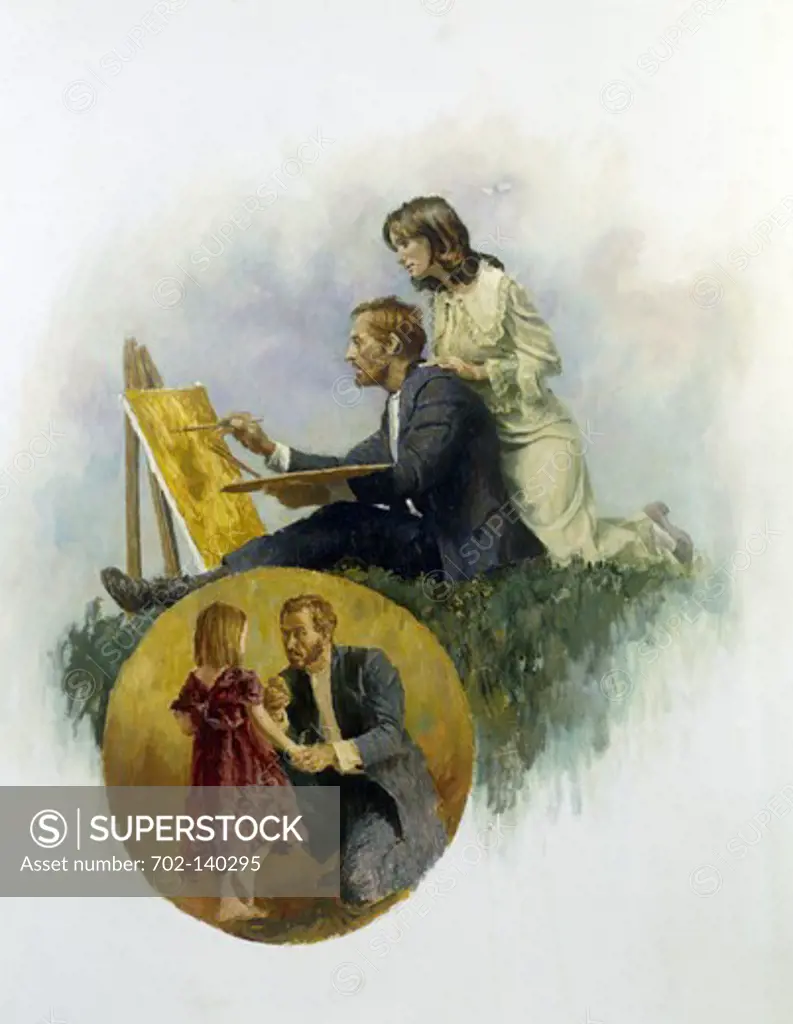 Painter drawing on a canvas with his wife beside him