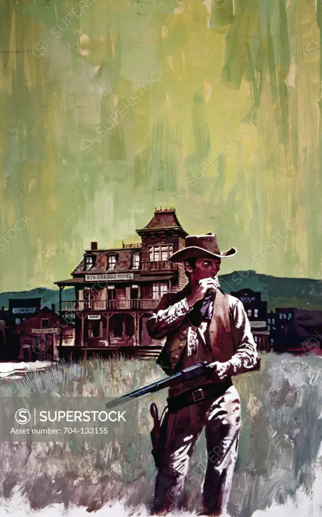Cowboy holding riffle with wild west 'saloon' in background