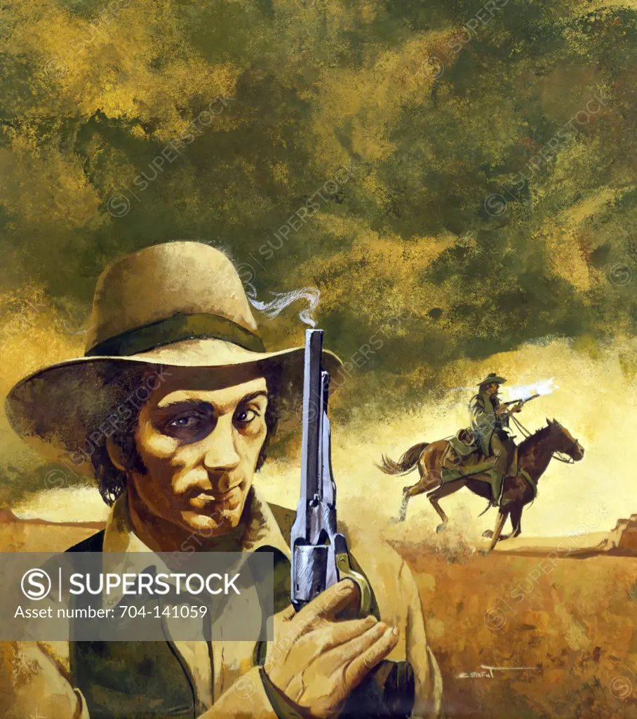 Cowboy portrait with smoking gun, another horseback riding in background