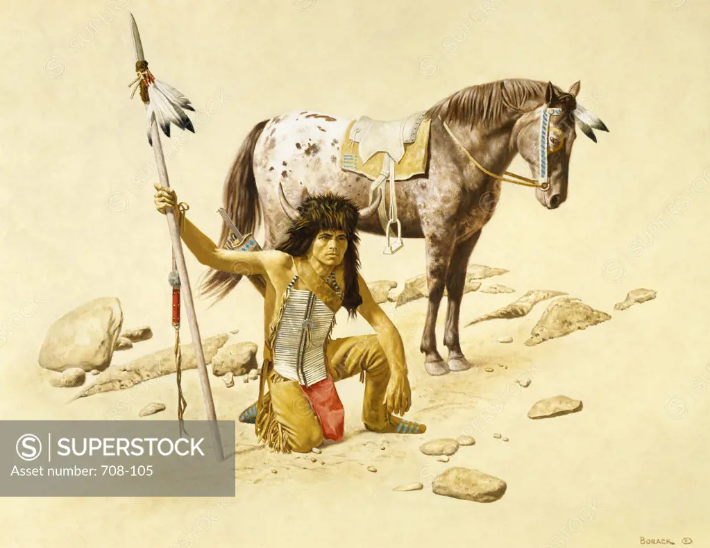 Native American Kneeling Next To His Horse  Stanley Borack (b1927/American) 