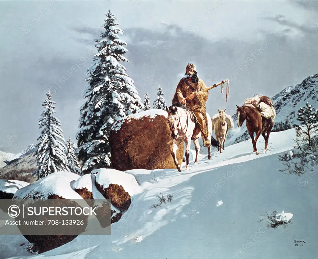 Horseman riding through winter landscape by Stanley Borack, 20th century