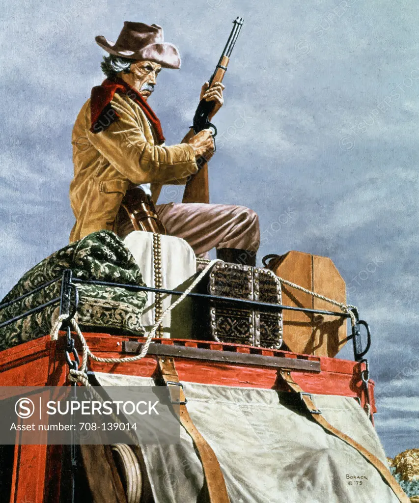 Cowboy with rifle sitting on stagecoach by Stanley Borack, 20th century