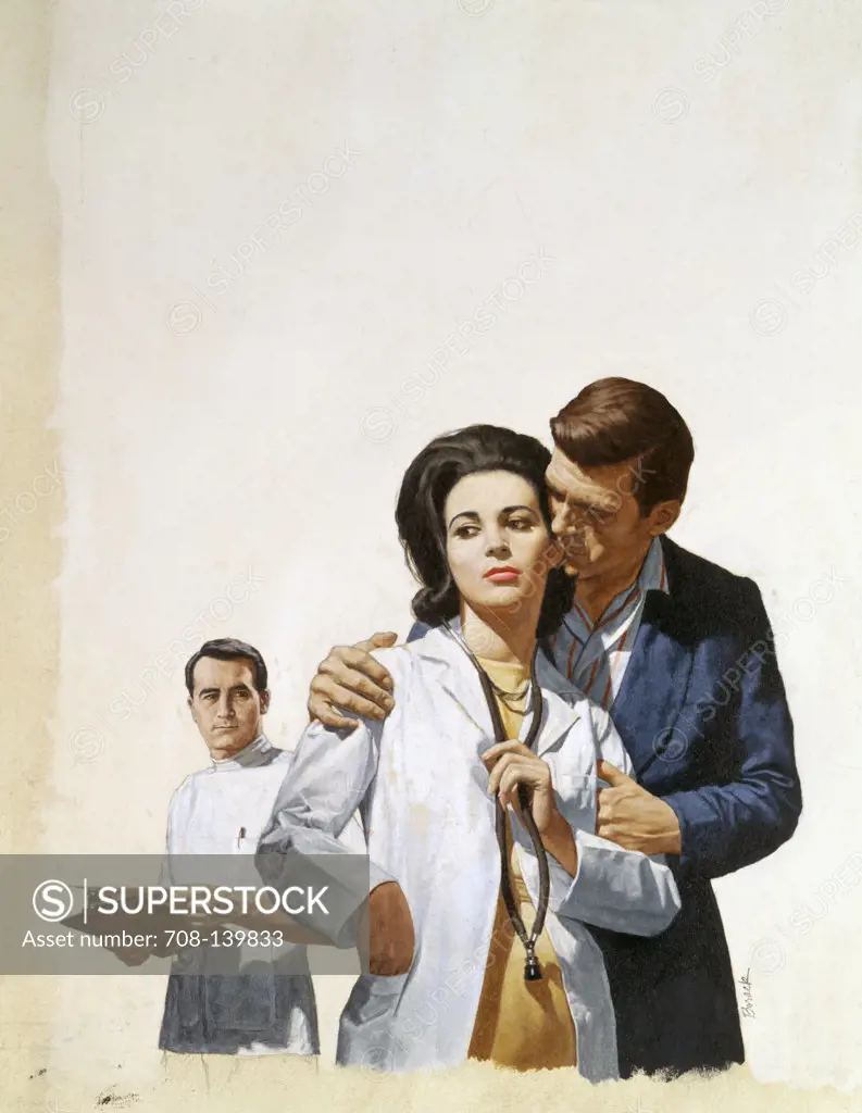 Man kissing female doctor, male doctor in the background by Stanley Borack, 20th century
