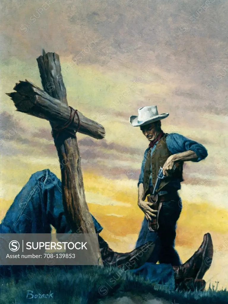 Cowboy, cross in the foreground by Stanley Borack, 20th century