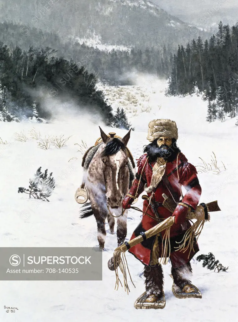 Mountain Man Leading His Horse Through The Snow  1980 Borack, Stanley(1927- American)  