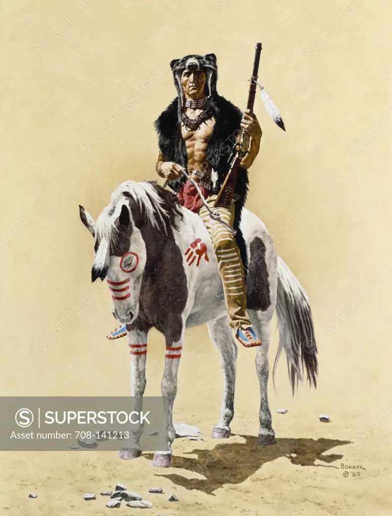 Native American On Horseback Wearing A Bearskin  1980 Borack, Stanley(1927- American)  