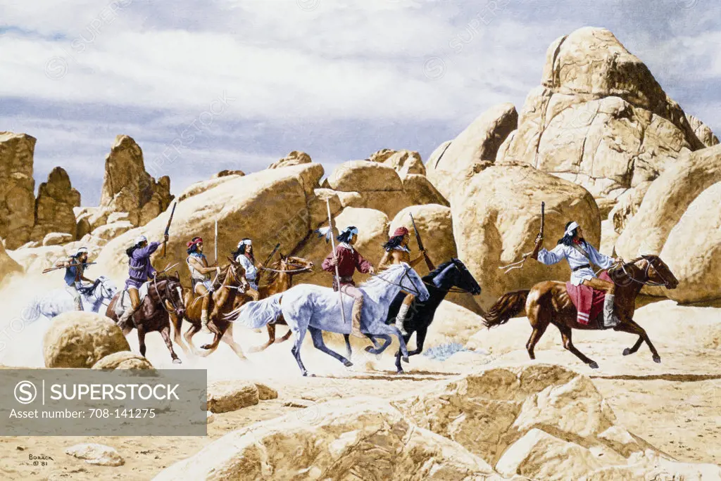 Running Indian warriors by Stanley Borack, 20th century