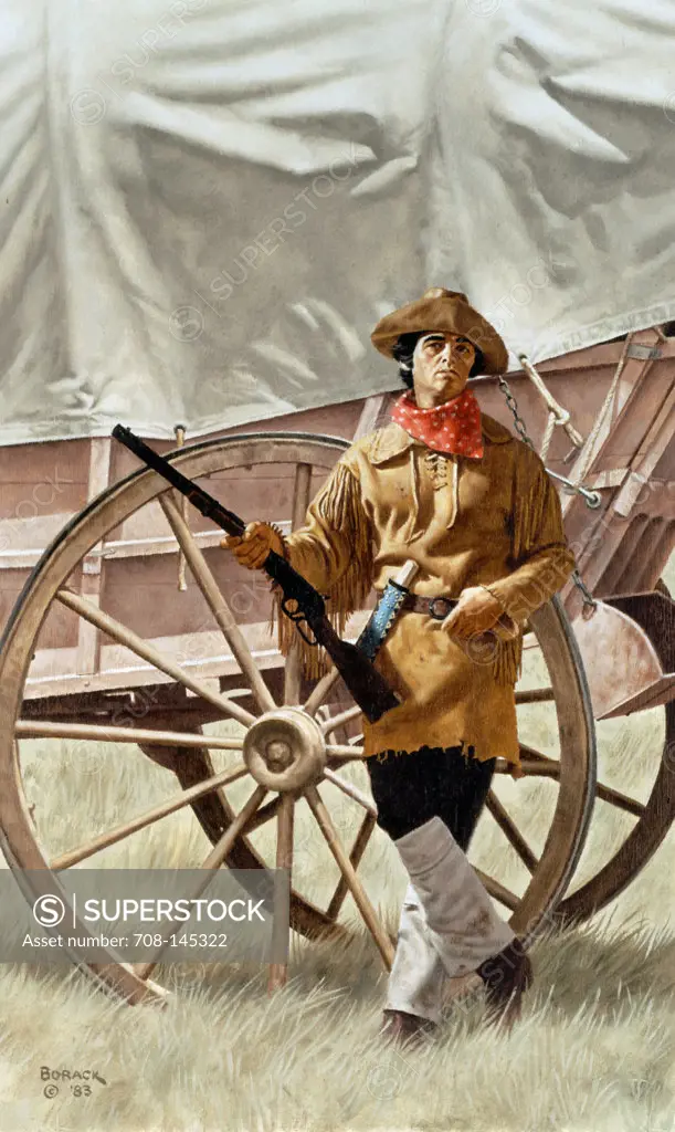 Portrait of cowboy holding rifle by Stanley Borack, 20th century