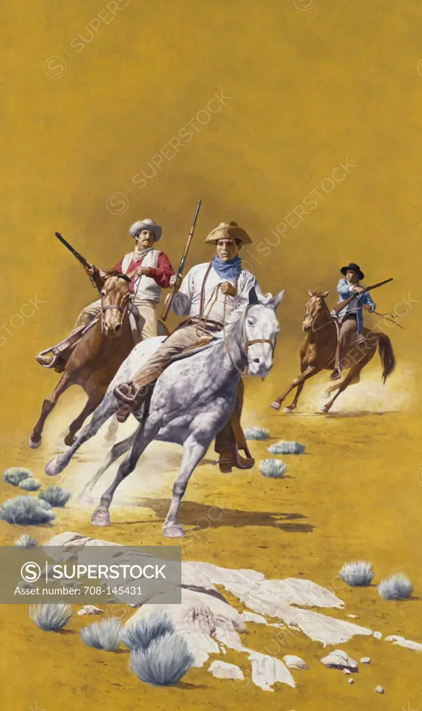 Three Cowboys On Horseback With Rifles  Borack, Stanley(1927- American)  