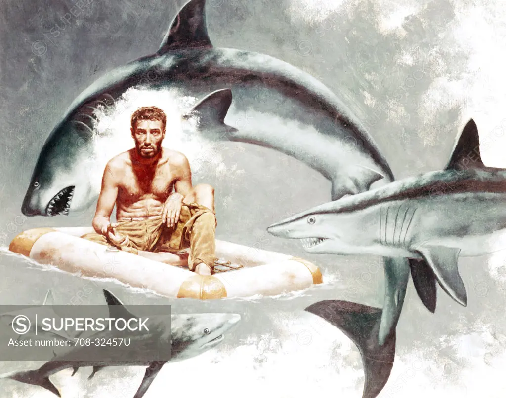 Man on inflatable raft surrounded by sharks by Stanley Borack, born in 1929