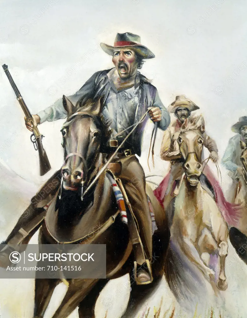 Three cowboys riding horses