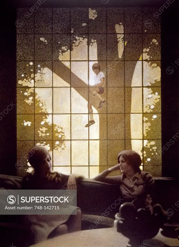 Mid-adult women sitting indoors, with toddler sitting on tree branch