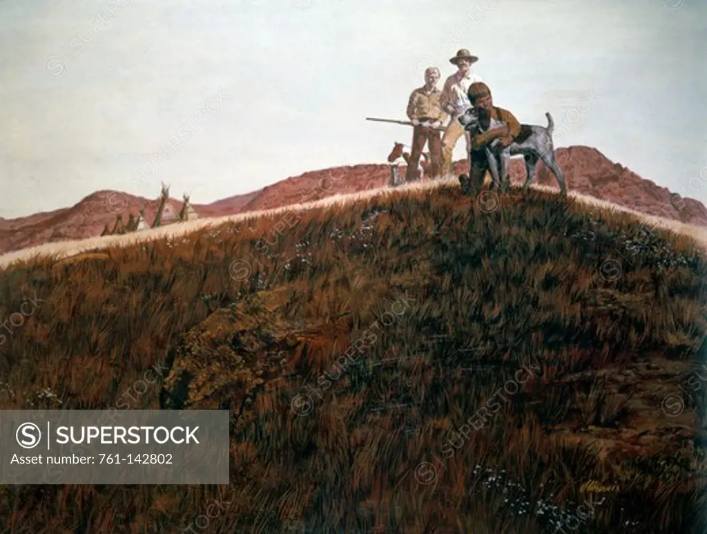 Hunters with boy and dog on hill