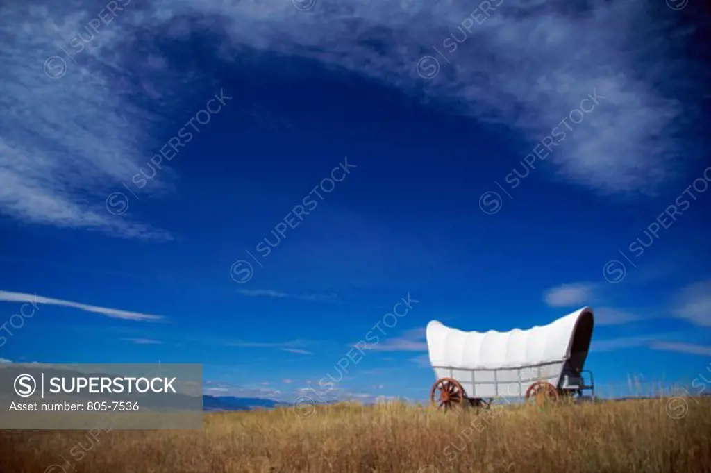 Side profile of a covered wagon in a field, Oregon, USA