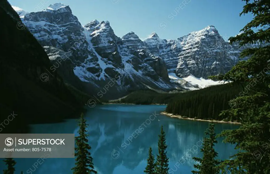 Reflection of mountains in water, Valley of the Ten Peaks, Moraine Lake, Banff National Park, Alberta, Canada