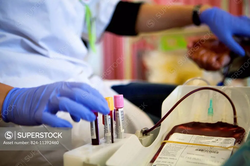 Reportage at a French Blood Establishment blood donation session in Haute-Savoie, France.