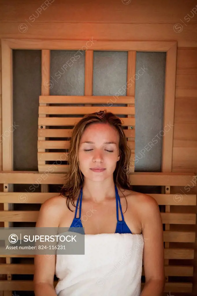 Reportage in the Chrysalide wellness centre in France. A patient uses an infrared sauna.