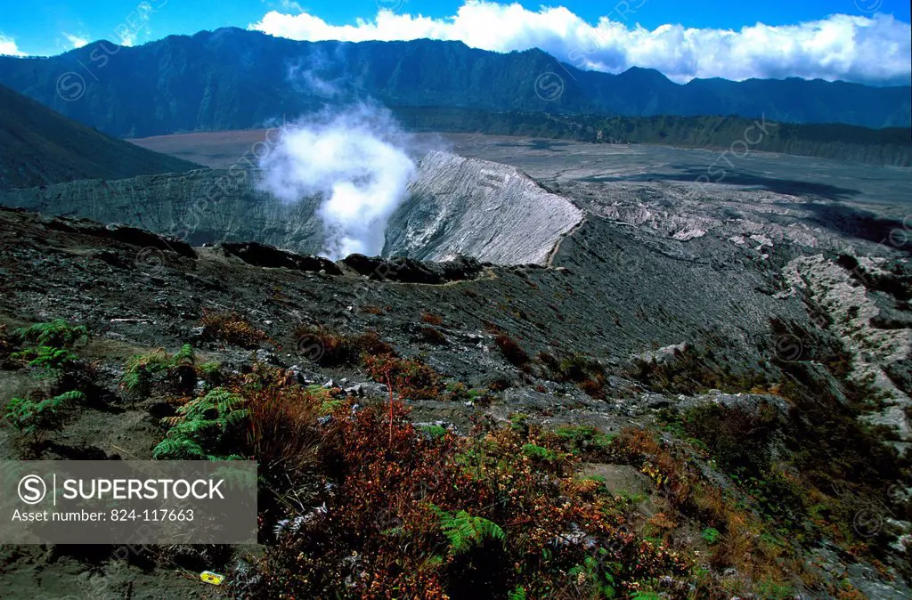 Caldeira and Bromo 2.329 m & Semeru 3.676 m volcanoes on Java.