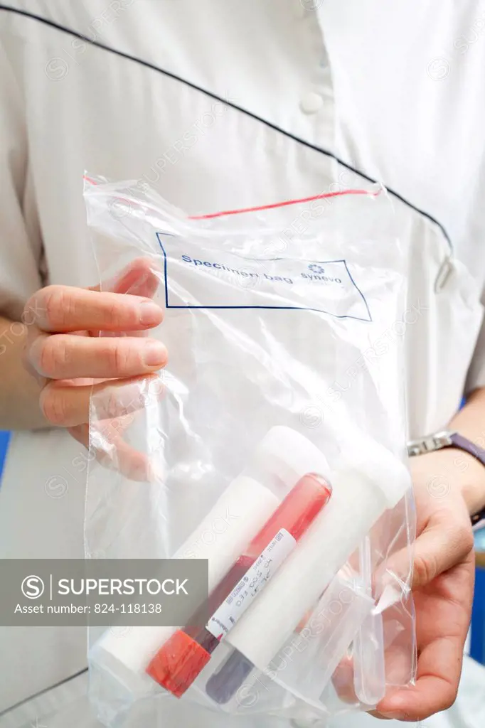 Reportage in the general neurology department at St Vincent de Paul hospital in Lille, France. Blood samples from a patient suffering from multiple sc...