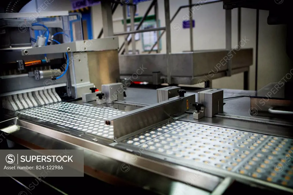 Reportage in a pharmaceutical production facility in Reims, France. Production facility specialising in the packaging and distribution of pills.