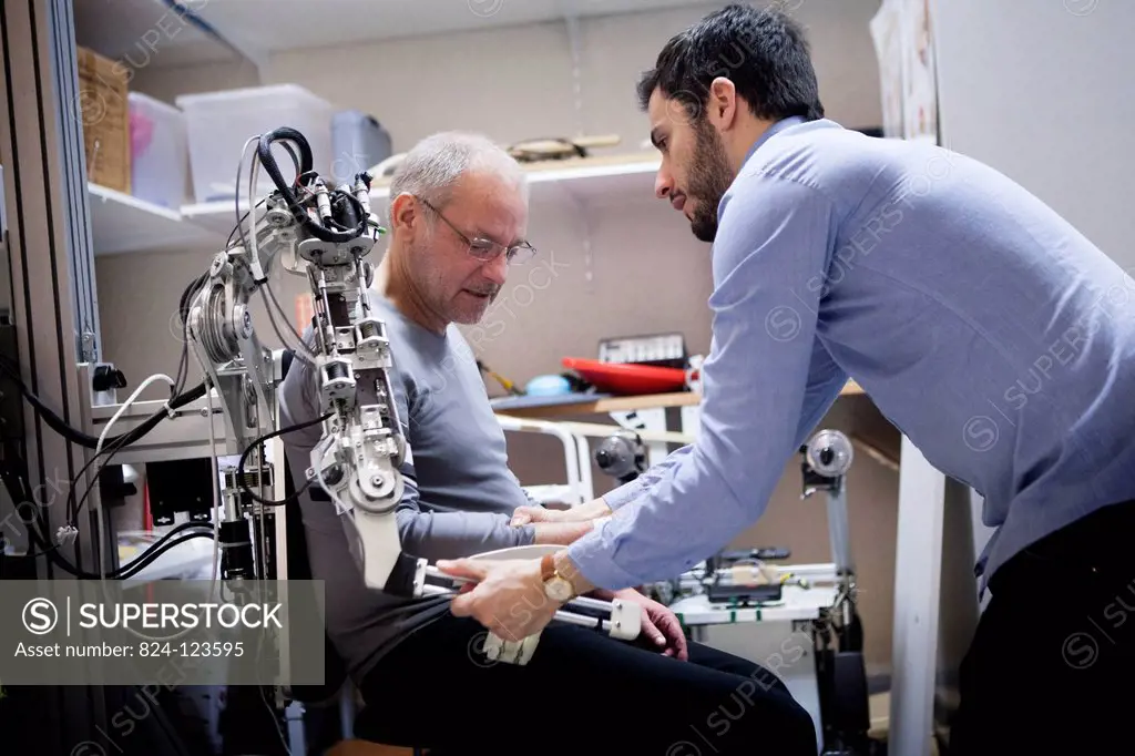 Reportage at ISIR (Institute of Robotics and Intelligent Systems) in Paris, France. Exoskeleton prototype used for neuro-motor rehabilitation and phys...